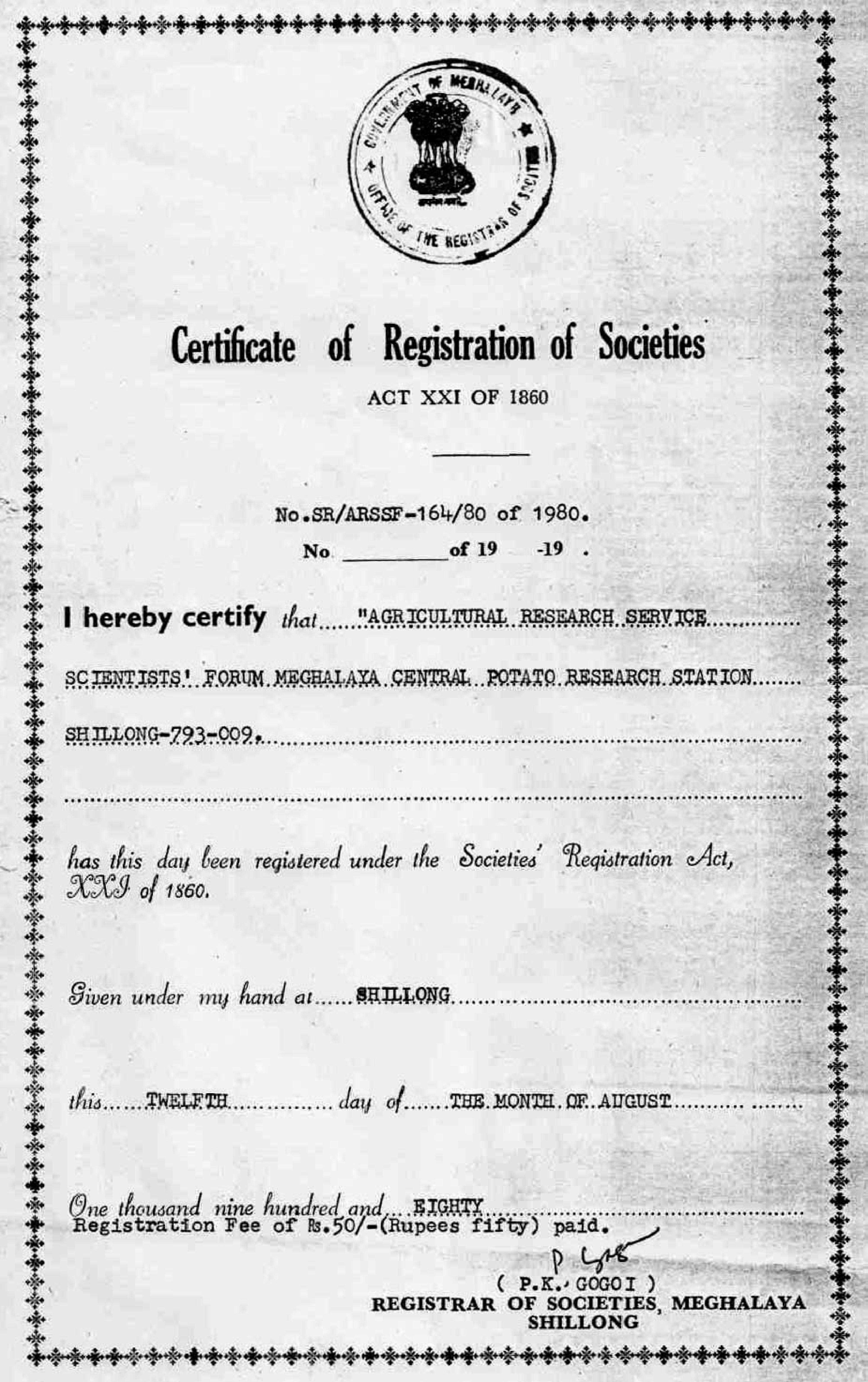 Certificate of Registration of Societies